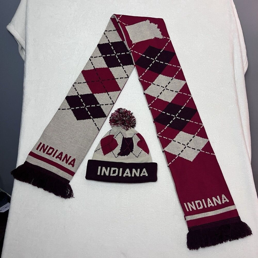 Indiana Hoosiers Collegiate Argyle Scarf & Beanie Hat Pom Set Grandpacore Winter